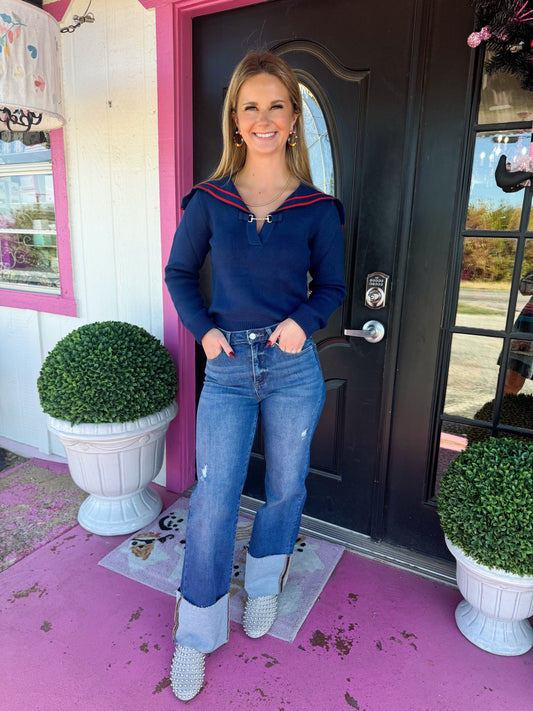 Navy Collared Knit Sweater