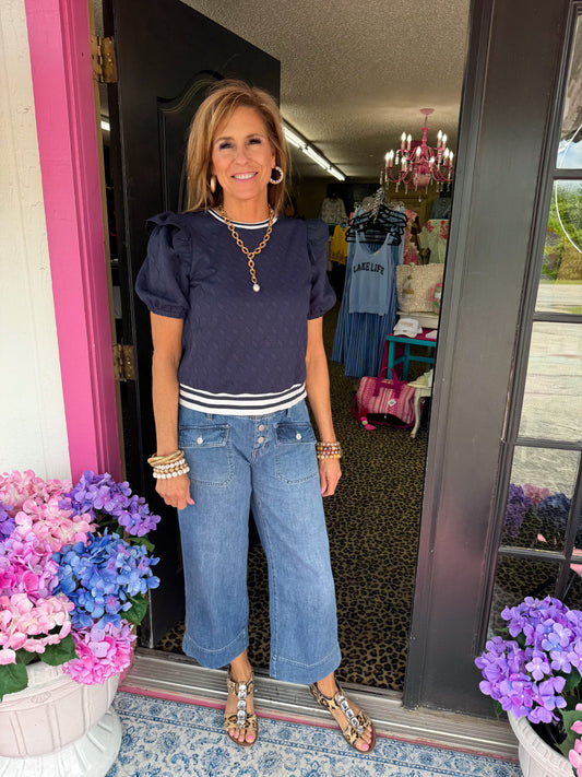 navy, textured, voy, top, striped band