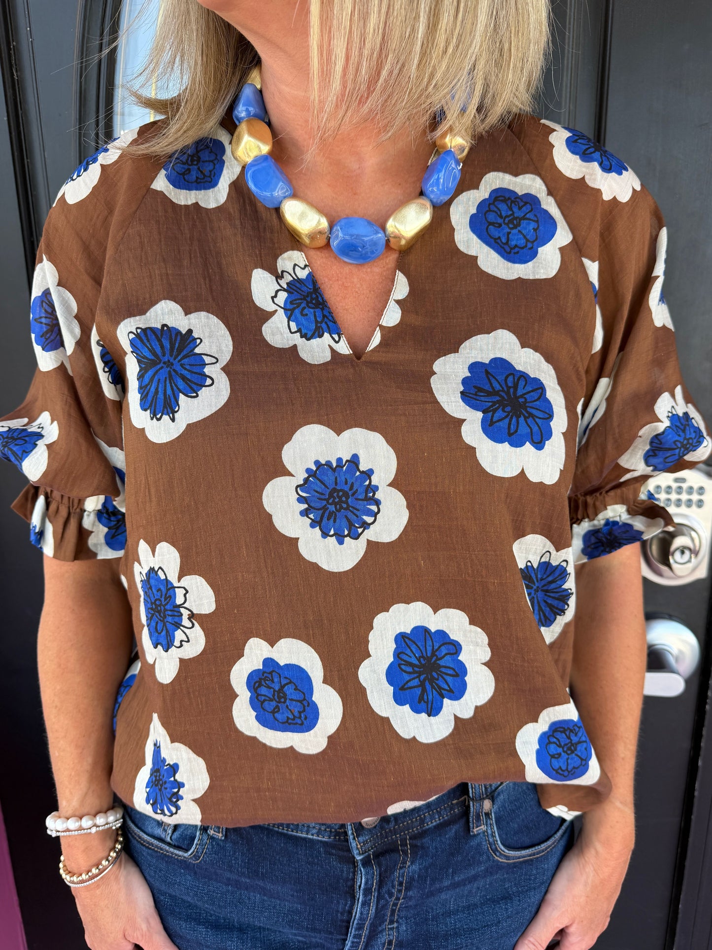 Brown Floral Mesh Slv Top