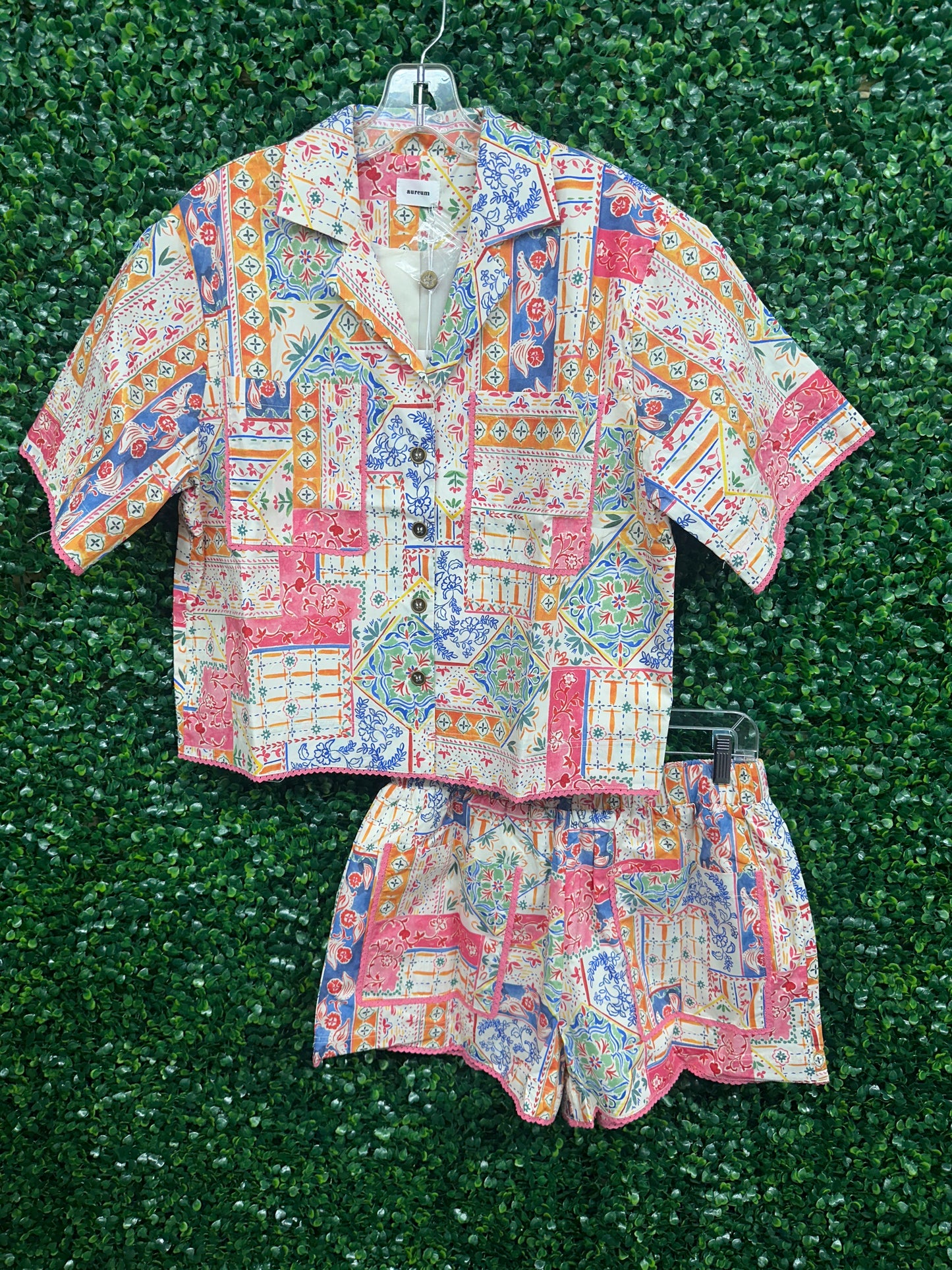 Red Printed Button Short Set