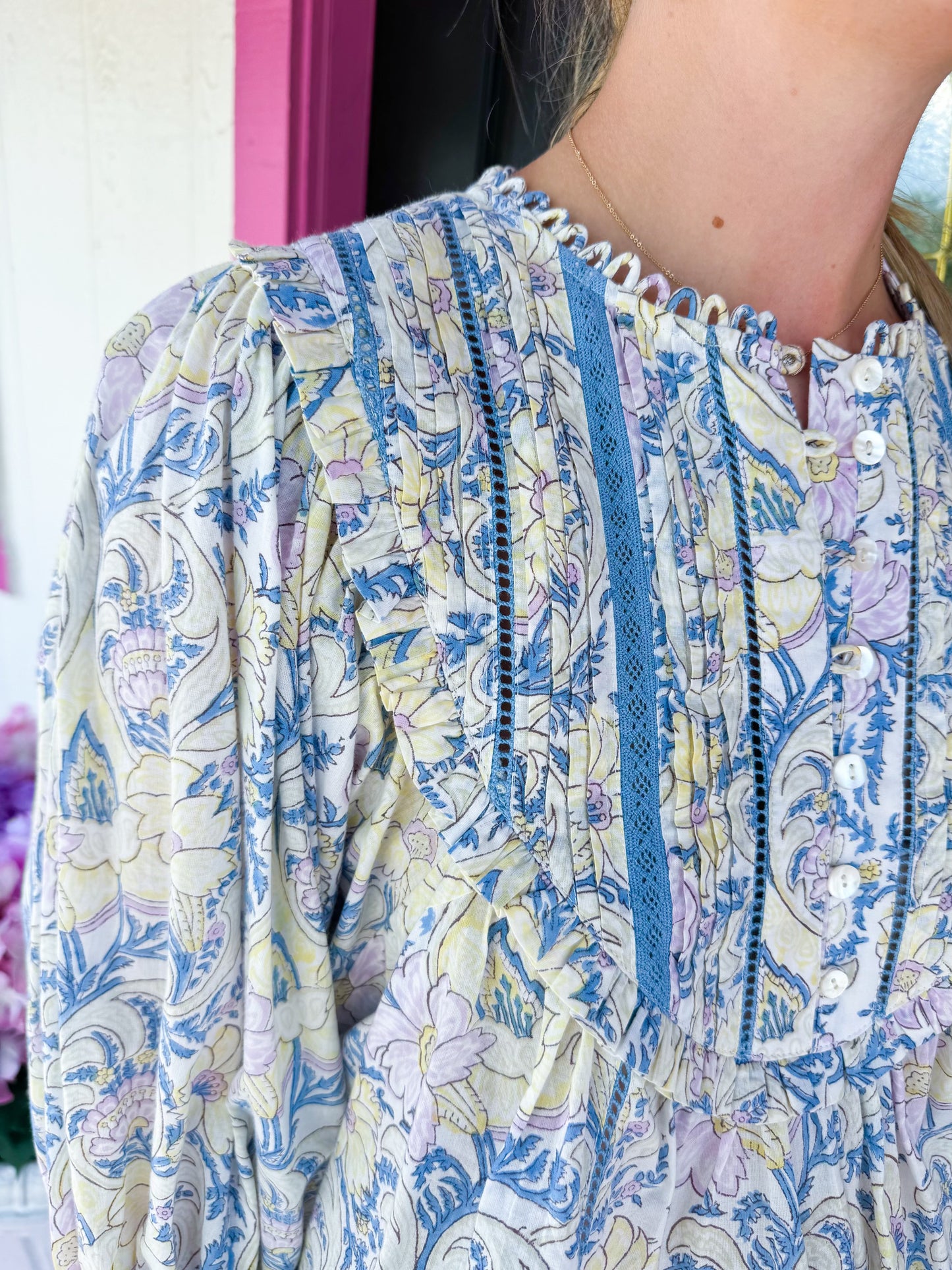 Blue Peasant Tucked Blouse