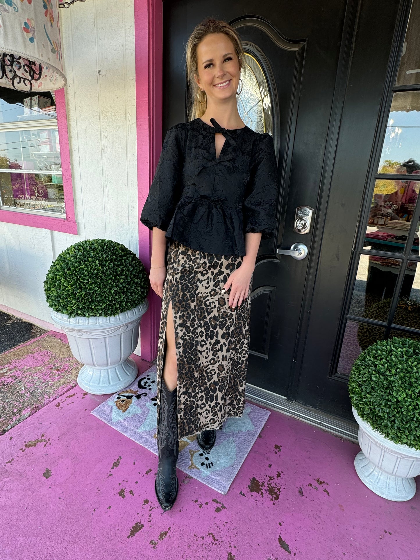 Black Floral Pattern Bows Top