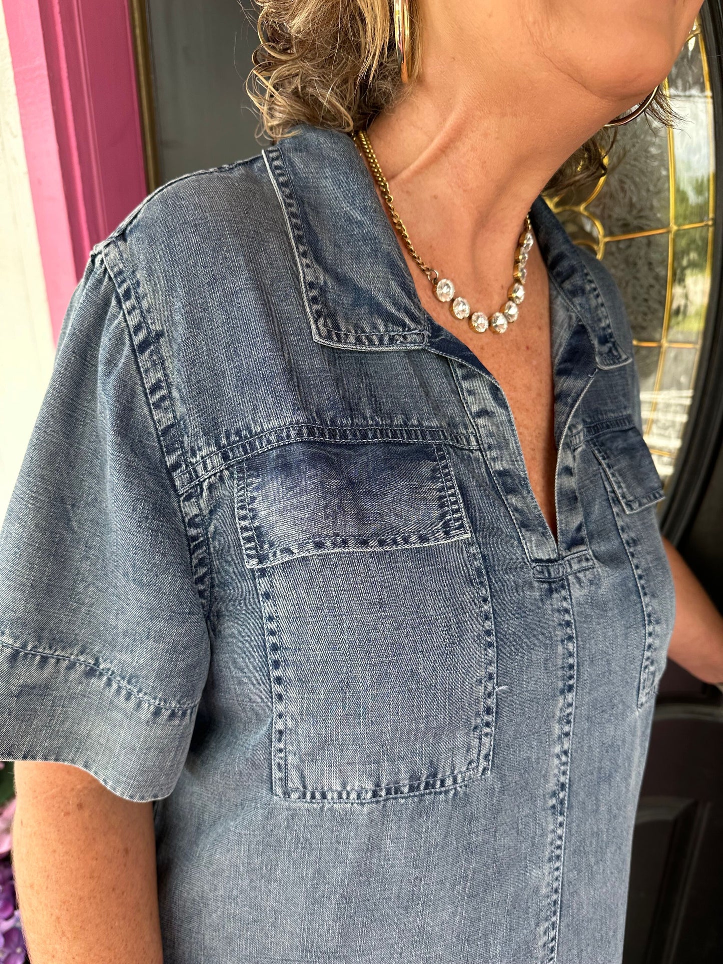 Short Sleeve Denim Shift Dress