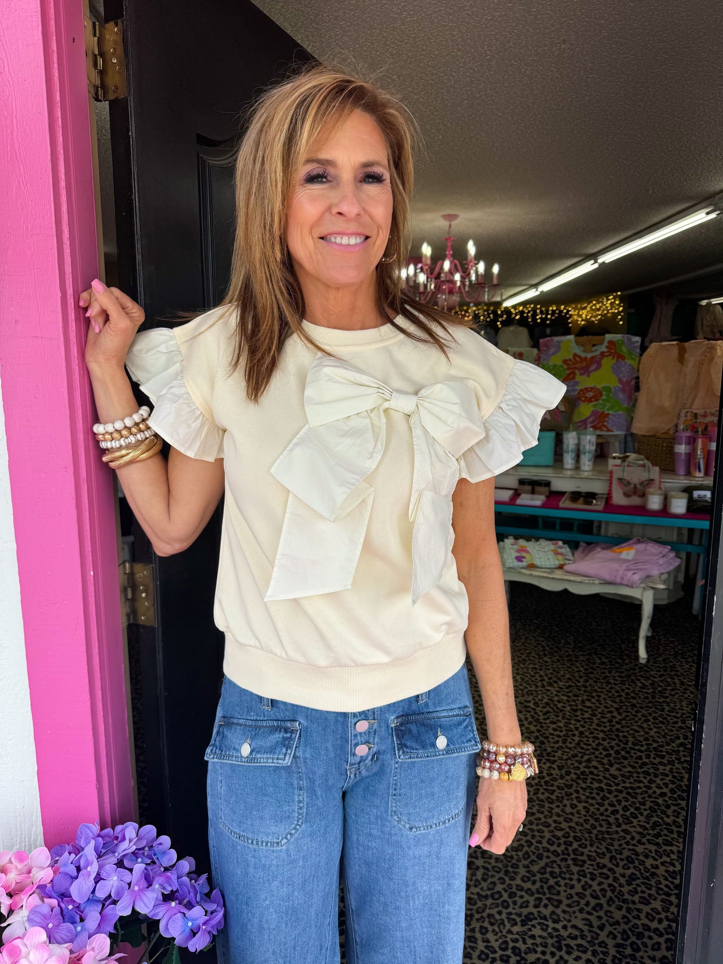 bow, cream, flutter sleeve, voy, top, short sleeve