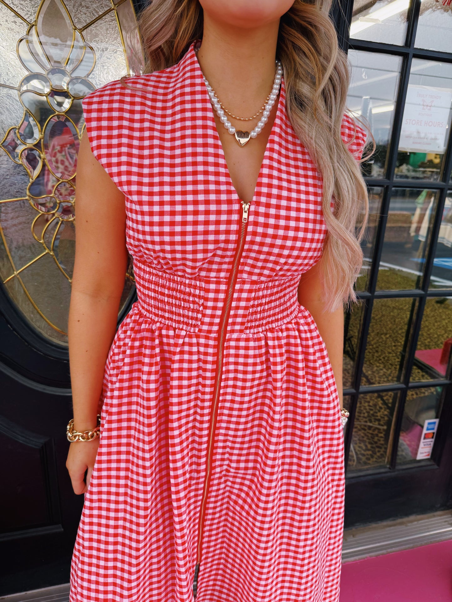 Red Plaid Sleeveless Midi Dress