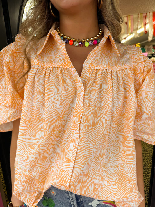 Printed Puff Sleeve in Orange and Taupe