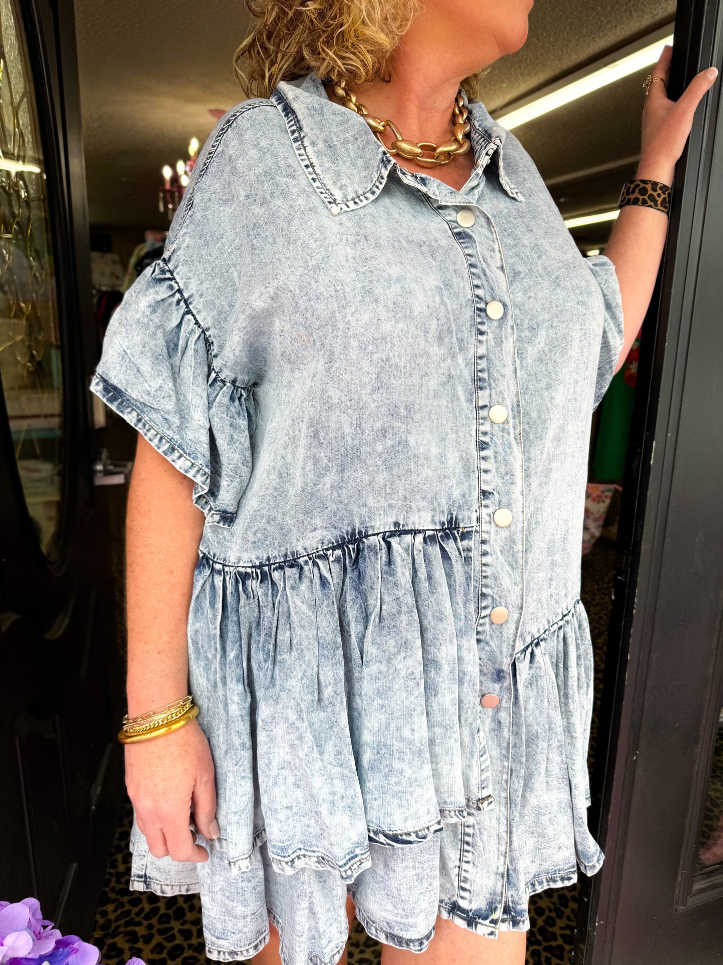 Denim Ruffled Button Dress/Shirt