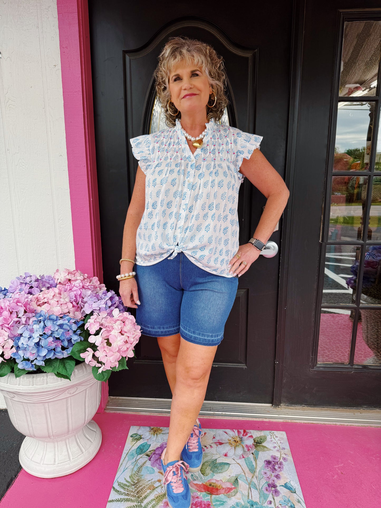 Blue/White Button Print Top