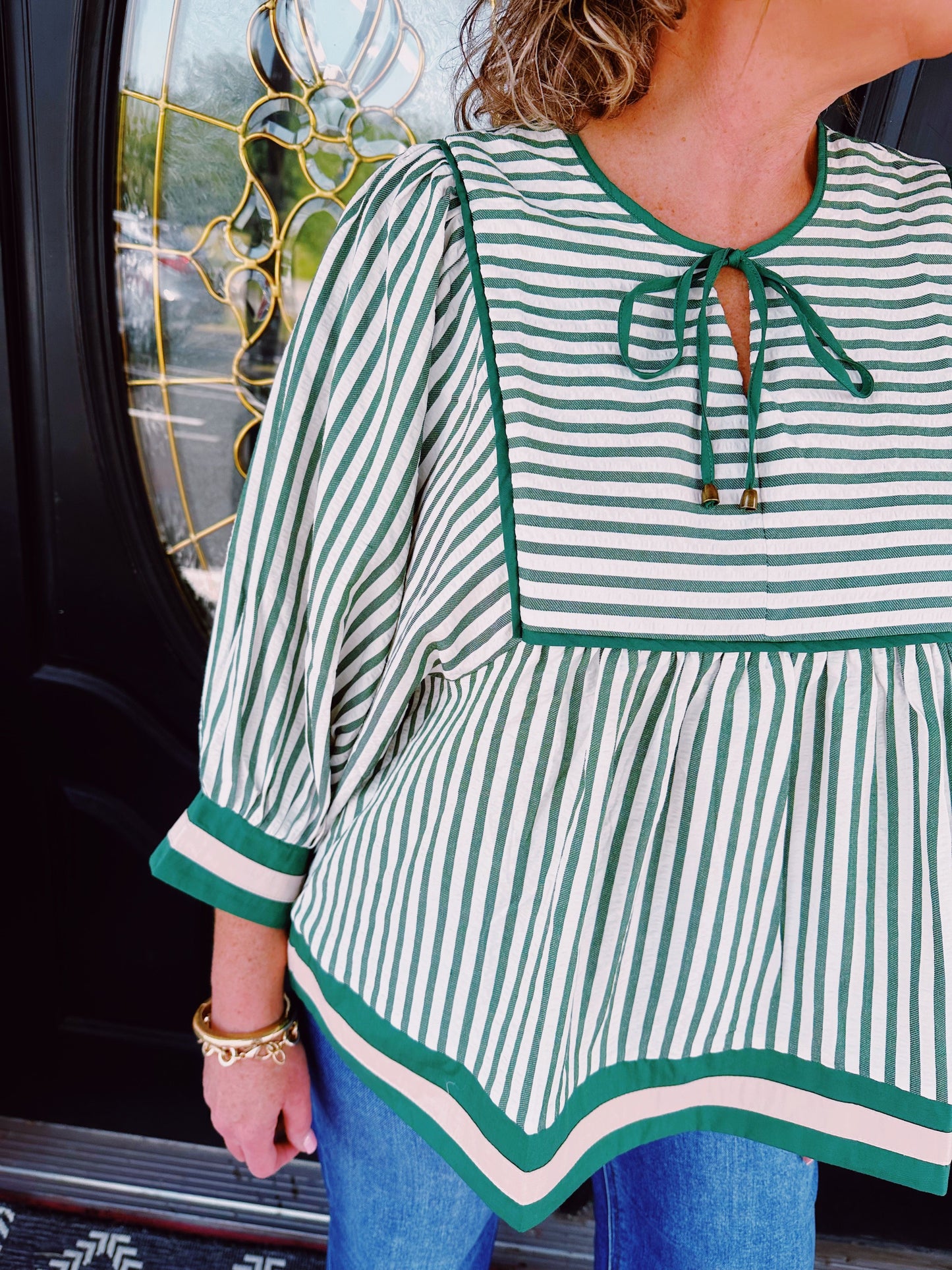 Green Stripe Tie 3/4" Sleeve Top