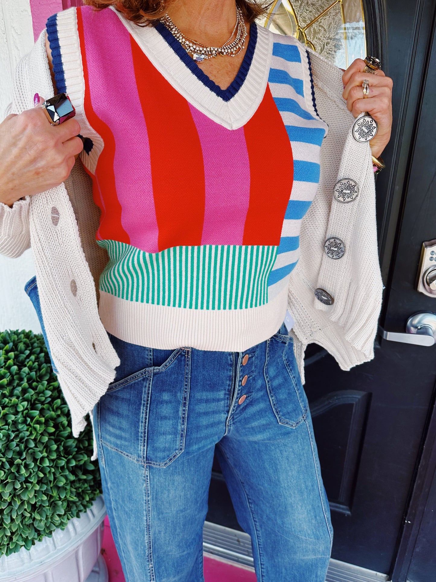 Cream Sleeveless Striped Knit Top