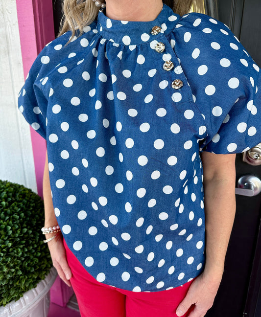 Blue Puff Sleeve Polka Dot Top