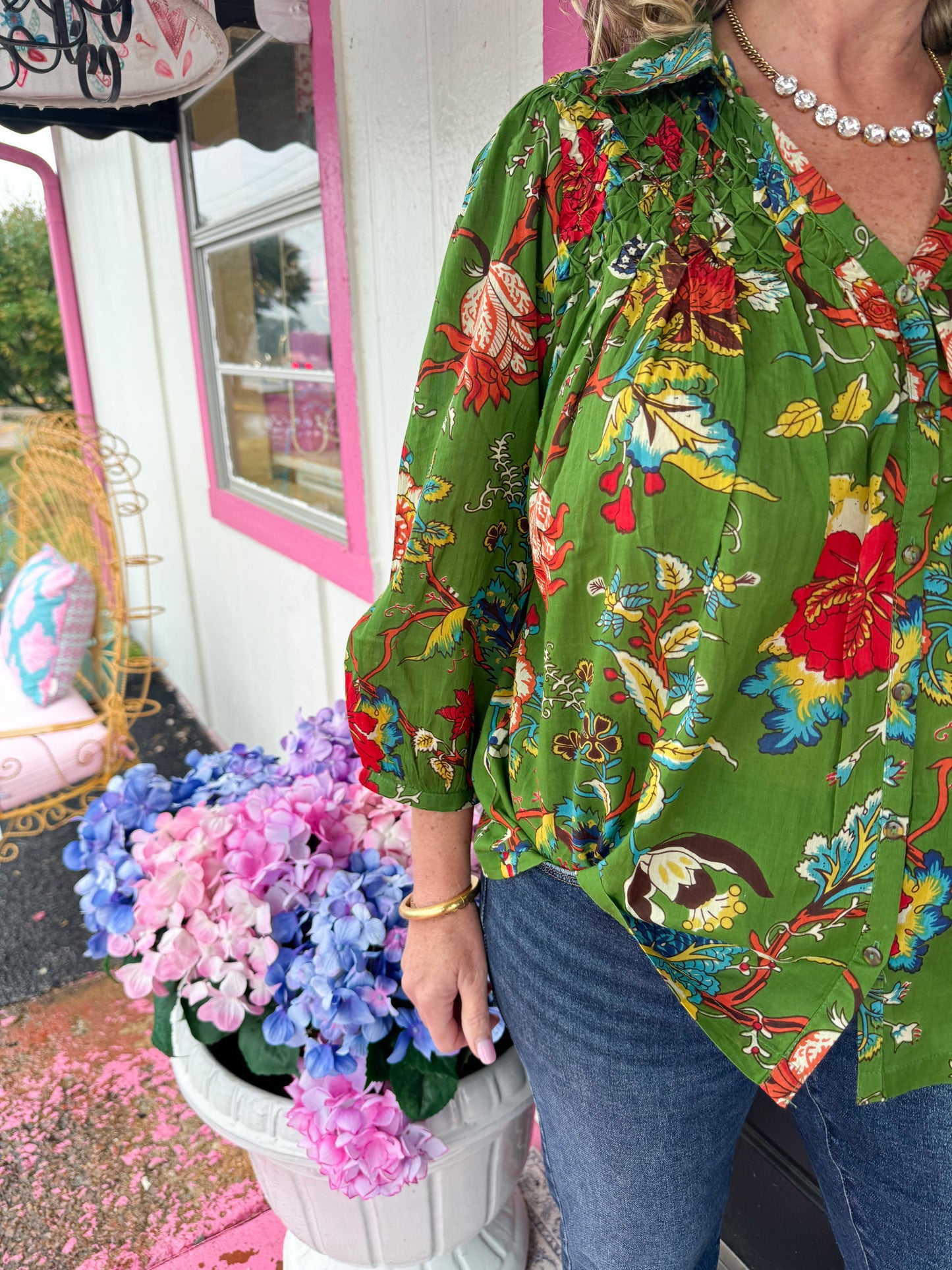 Green Smocked Yoke Top