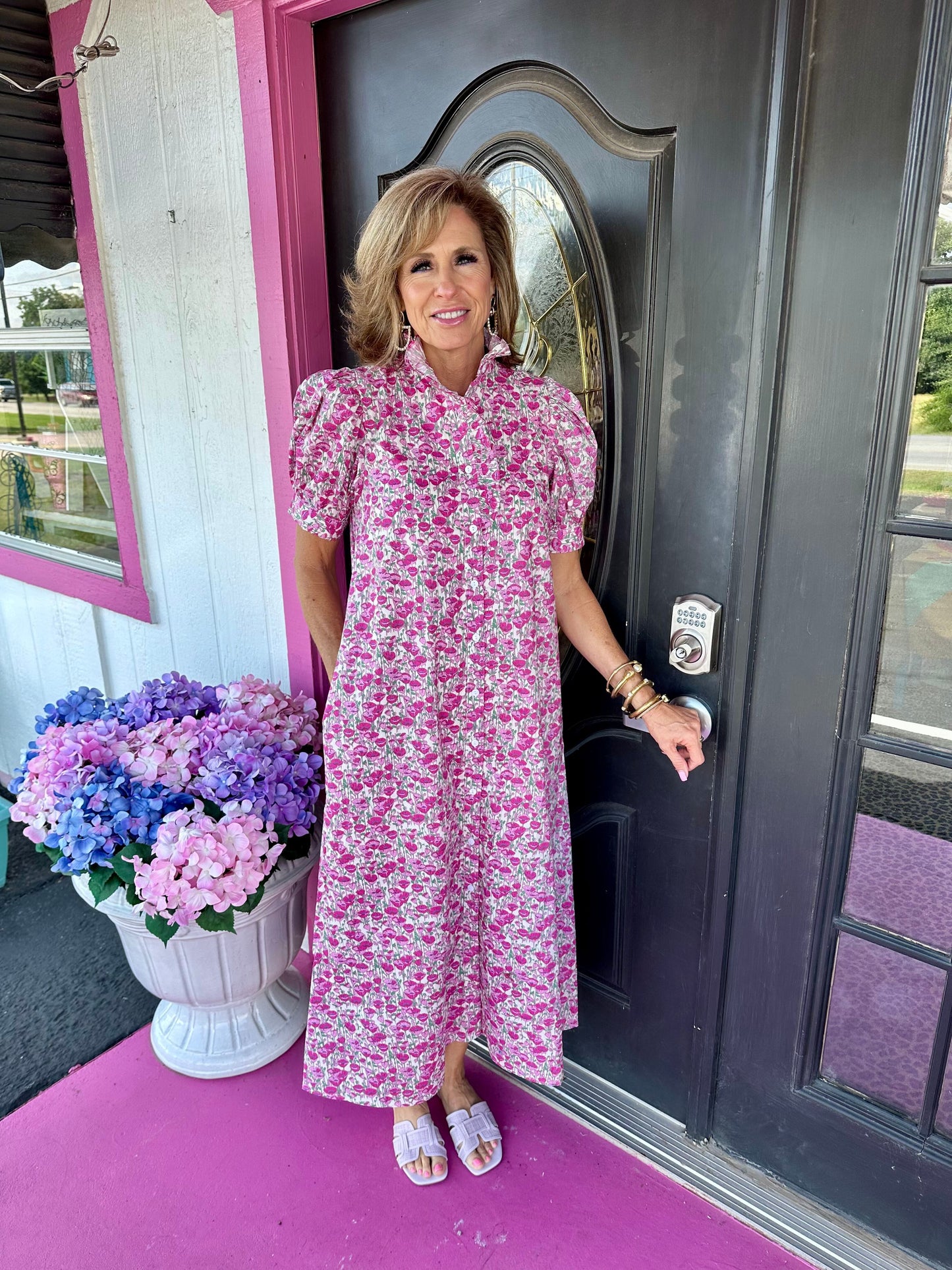 Pink Floral Ruffle Collar Maxi