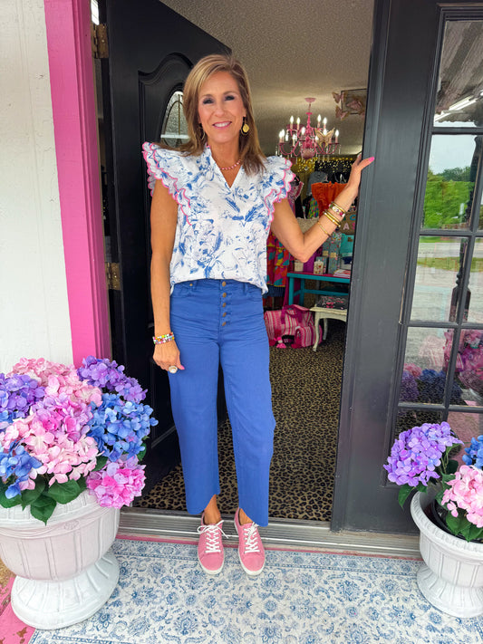 Blue Scalloped Sleeve Top