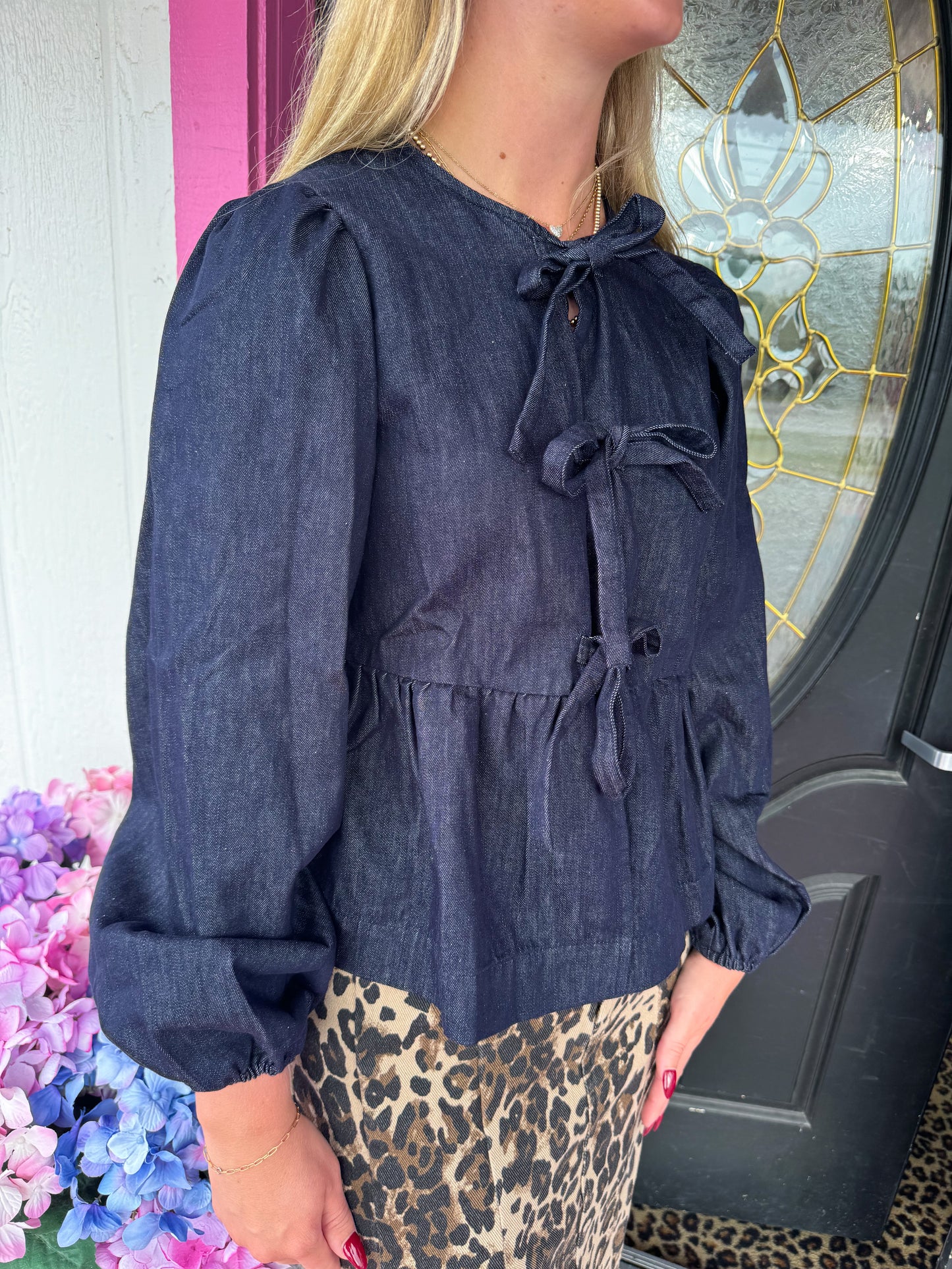 LS Denim Bow Tie Blouse