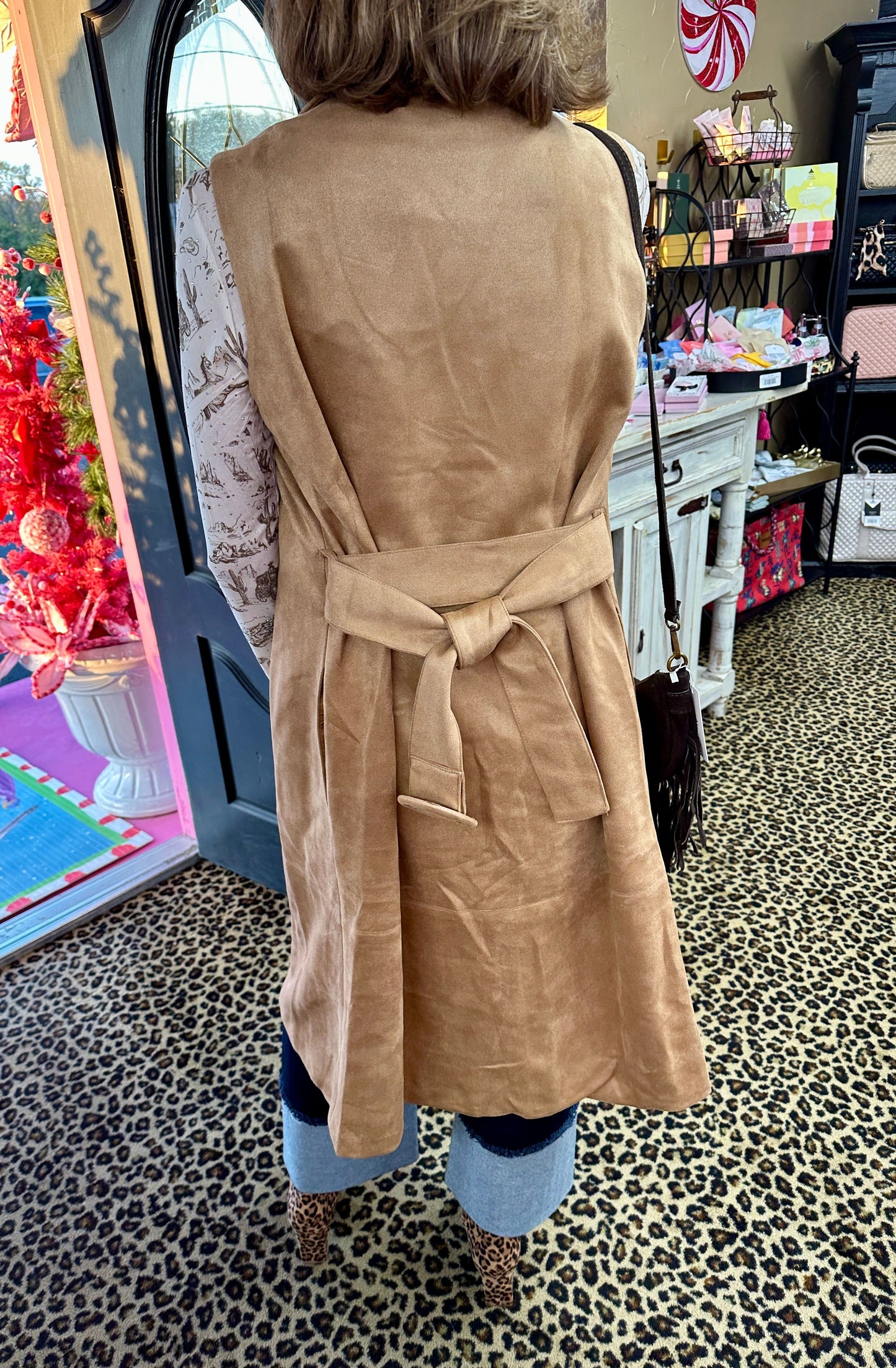 Camel Belted Faux Suede Vest