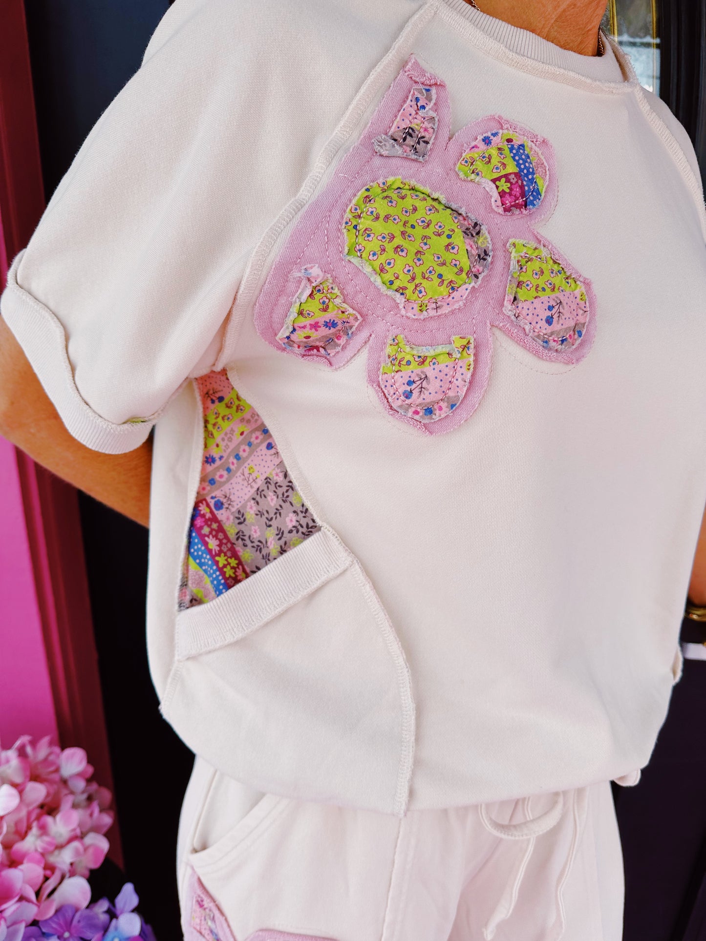 Ecru Flower Patch Pant Set