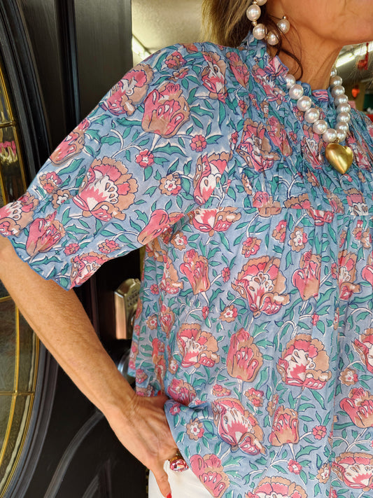 Blue Floral Smocked Yoke Top
