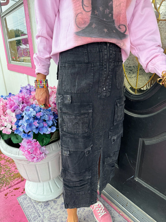 Black Washed Cargo Woven Skirt