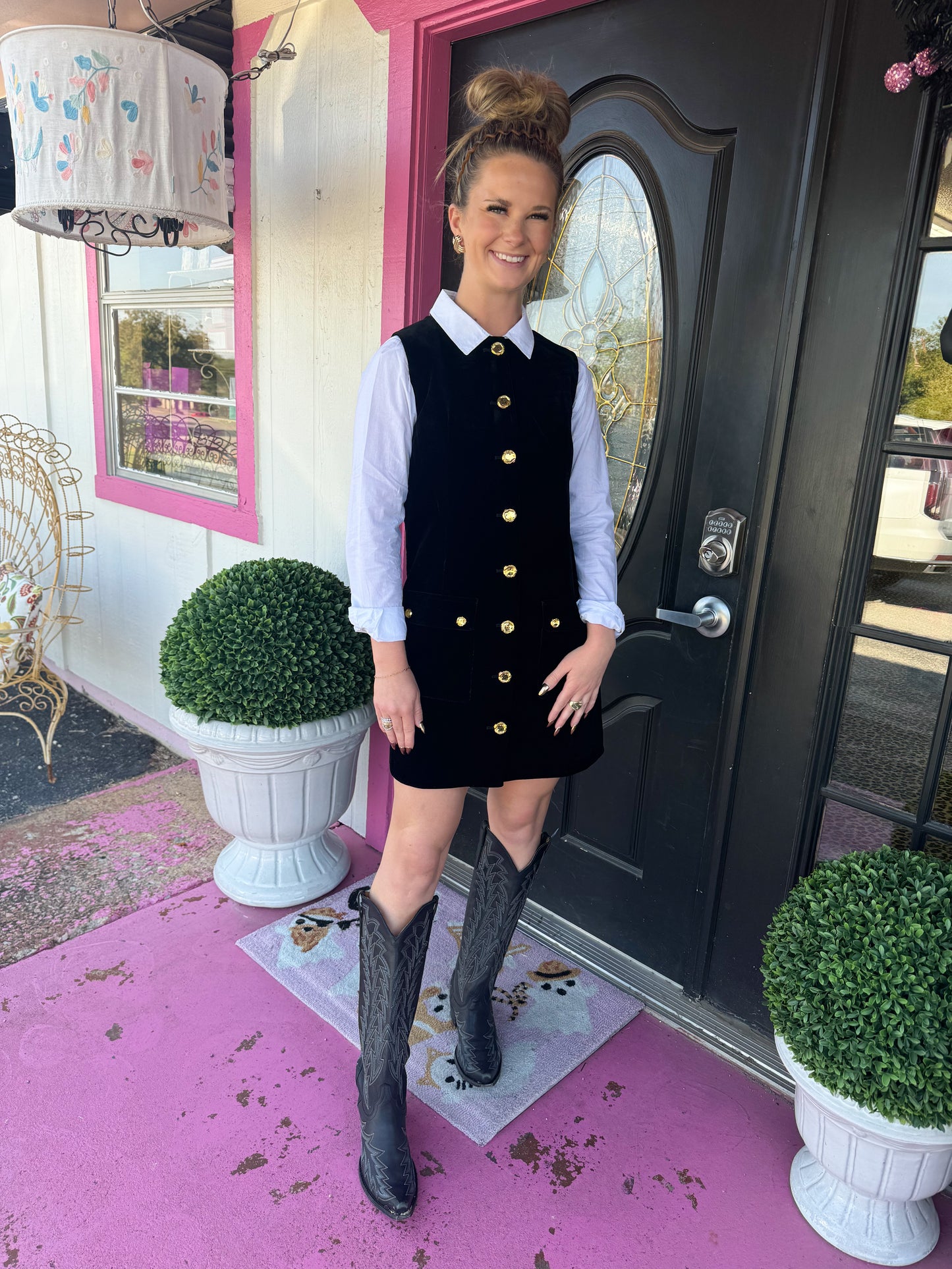 Blk Velvet Sleeveless Button Dress