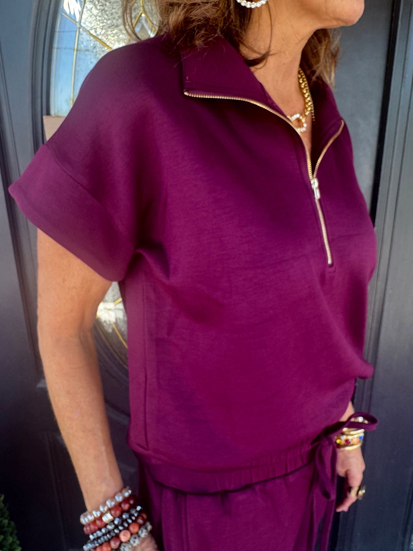 Burgundy 1/4 Zip SS Short Set