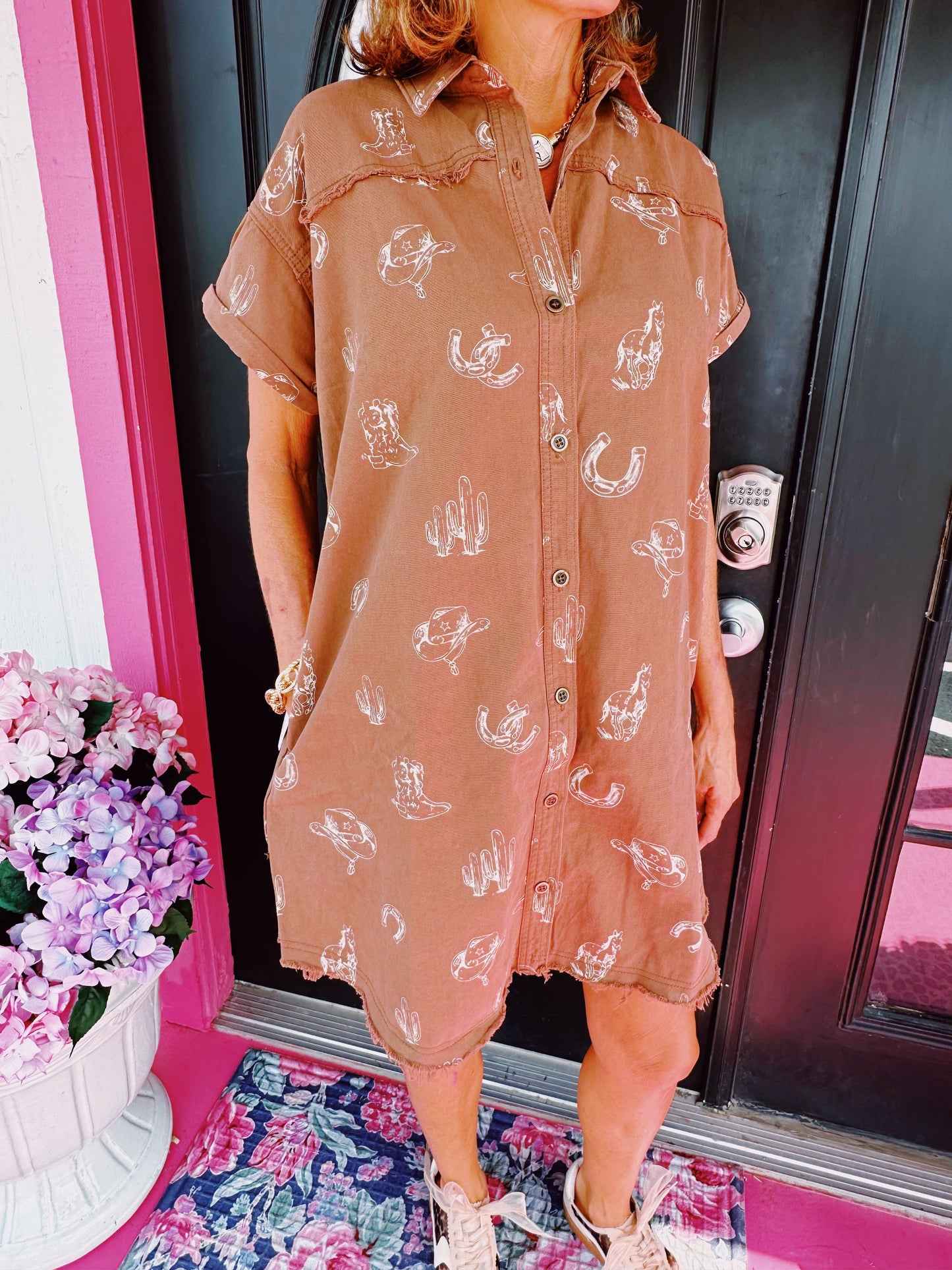 Coffee SS Western Print Dress