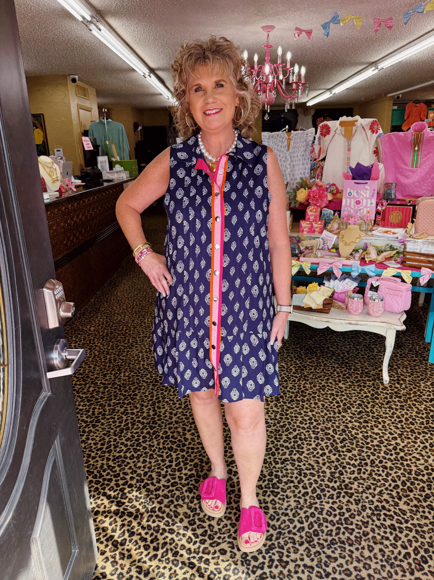 Navy Slvless Print Trim Dress