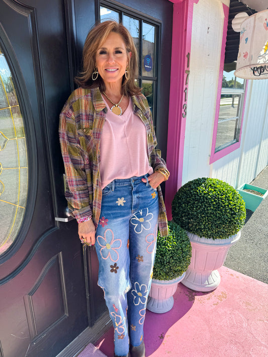 Denim Flower Embroidered Jeans