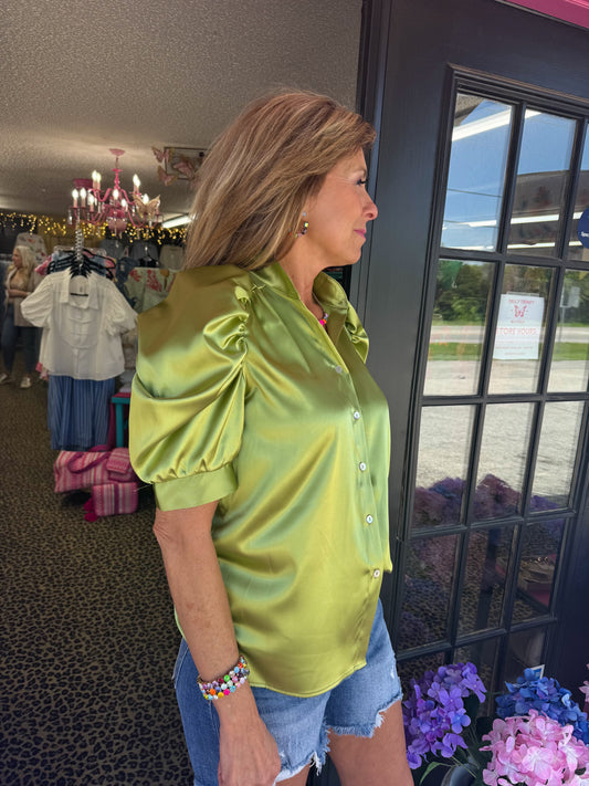 green, button up, short sleeve, puff sleeve, adrienne, collared