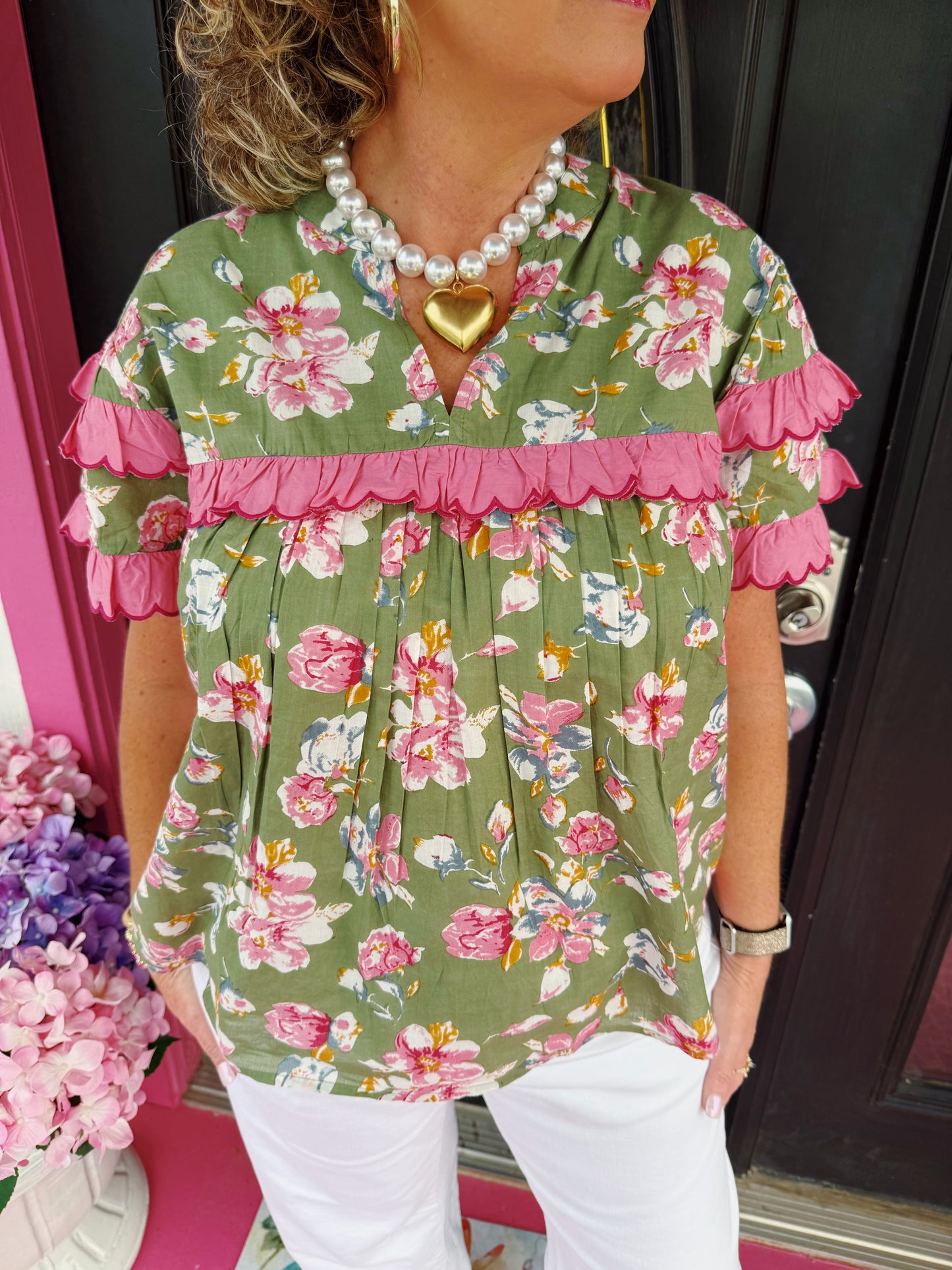 Sage Pink Floral Ruffle Trim Top