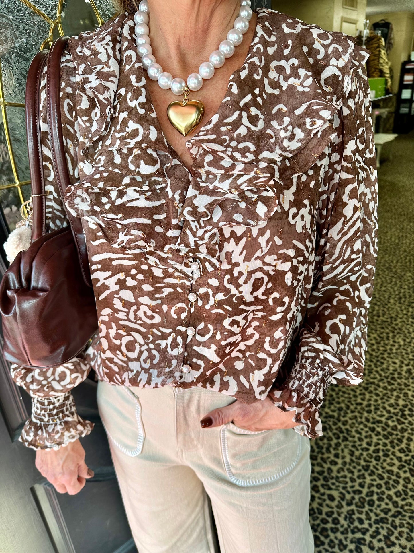 Brown Animal Print Ruffle Neck Top
