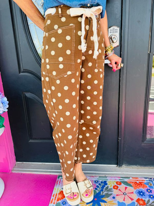 Brown Polka Dot Drawstring Pants