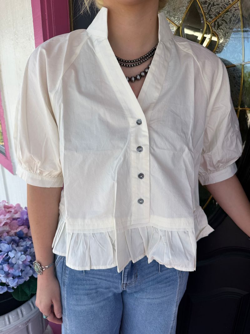 Cream SS Ruffle Hem Blouse