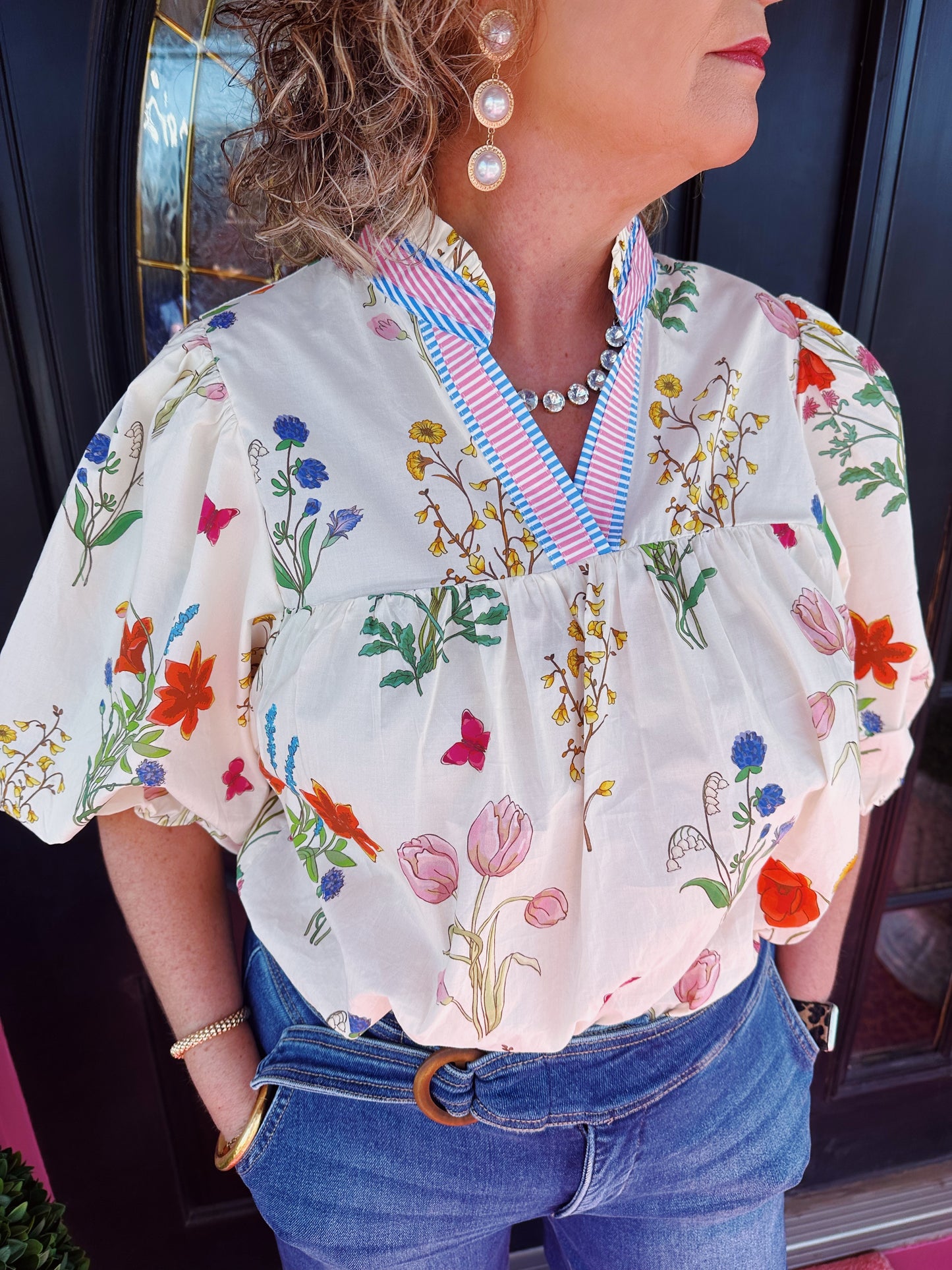 Cream Stripe Collar Floral Emb Top