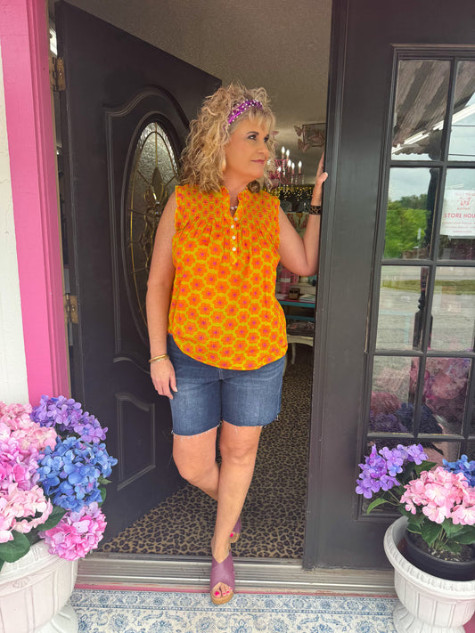 floral, green, orange, button, sleeveless, ivy jane