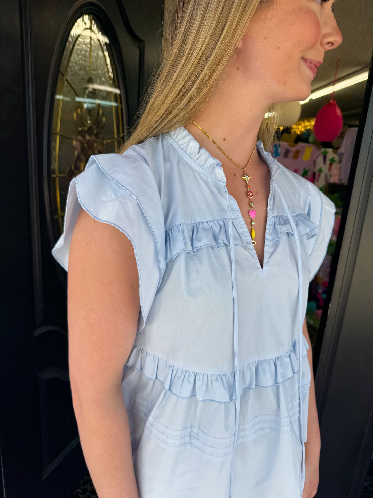 Blue Ruffle Woven Top