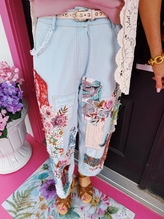 Denim Pant Blue Multiple Applique