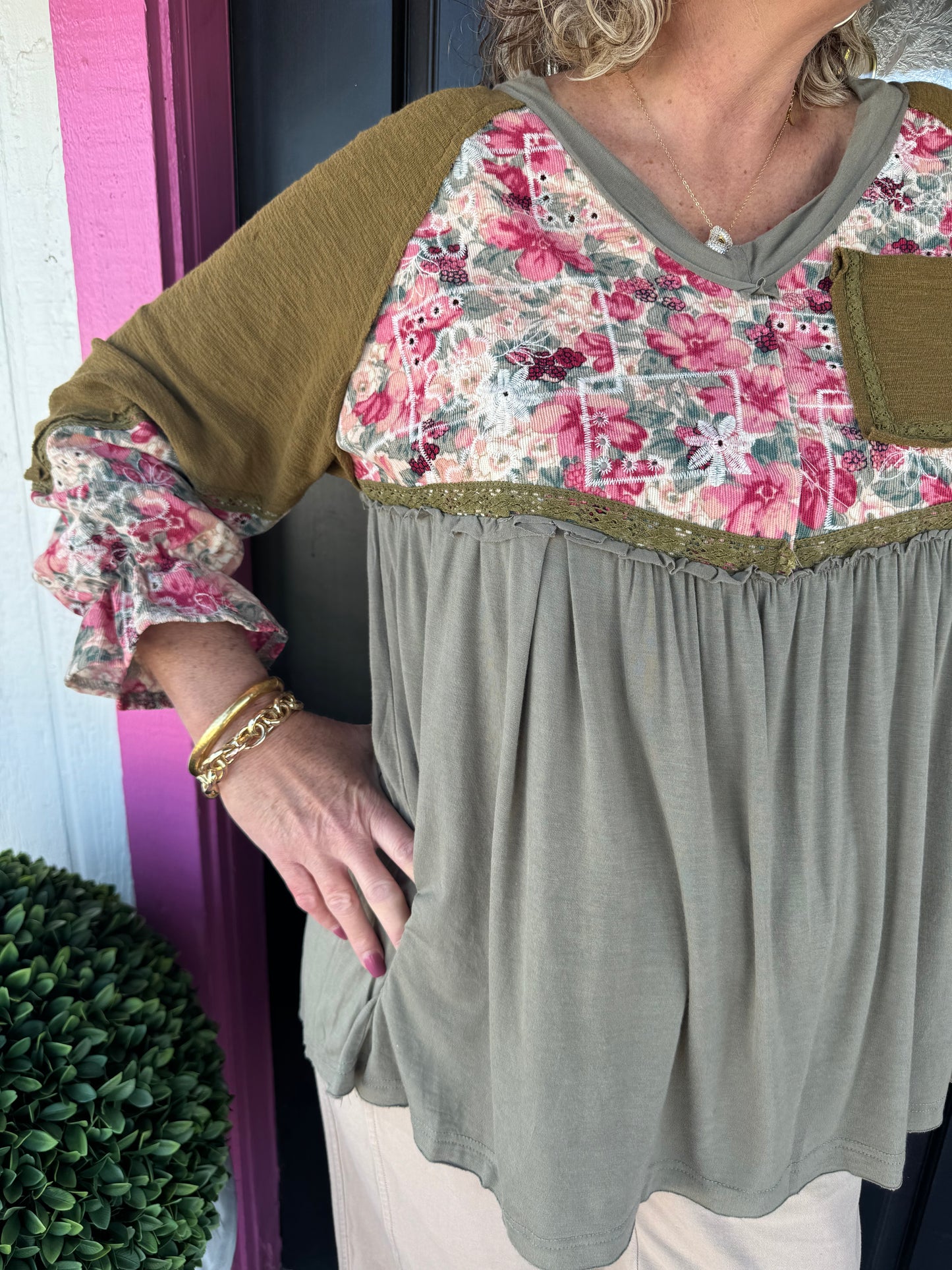 Olive Multi Floral V-Neck Top