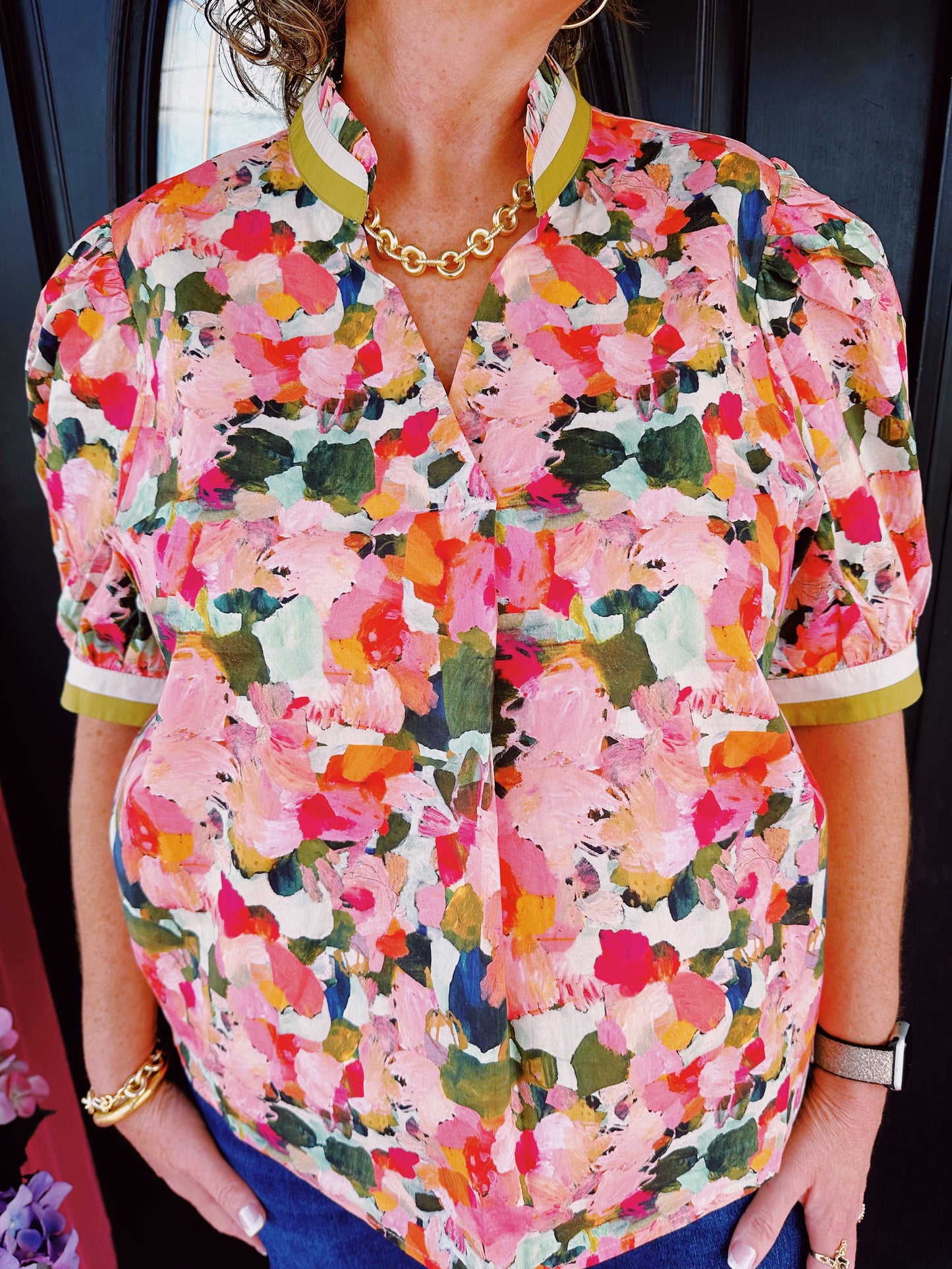 Pink Floral Olive Trim Top