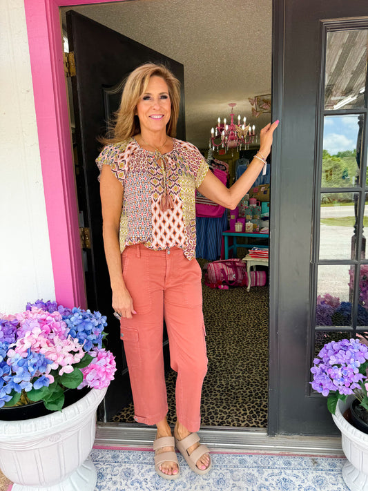 Geo Patchwork Petal Sleeve Top