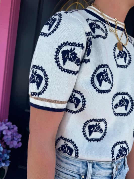 White SS Embroidered Horse Sweater