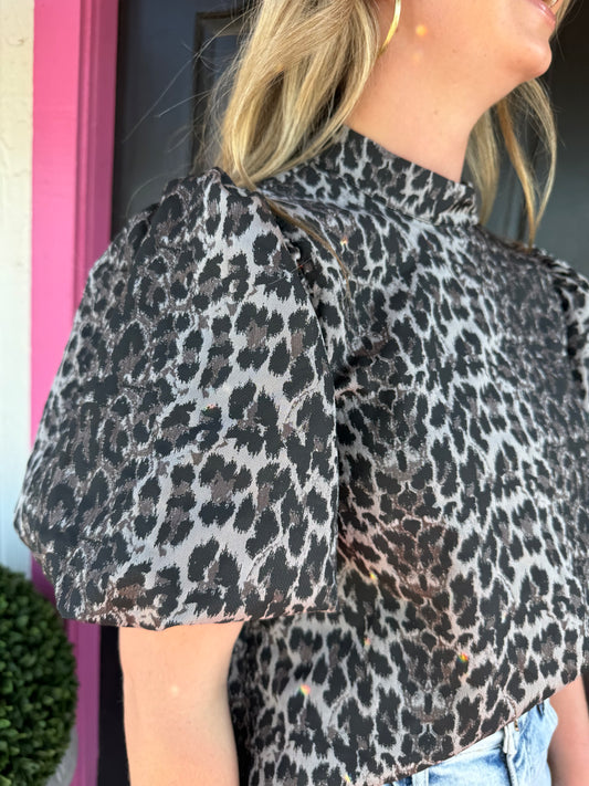 Black Leopard Puff Sleeve Top