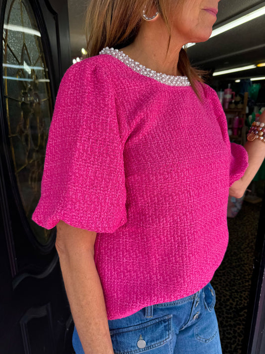 Pink Pearl Trim Tweed Top