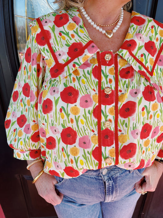 Red Floral Big Collar Top