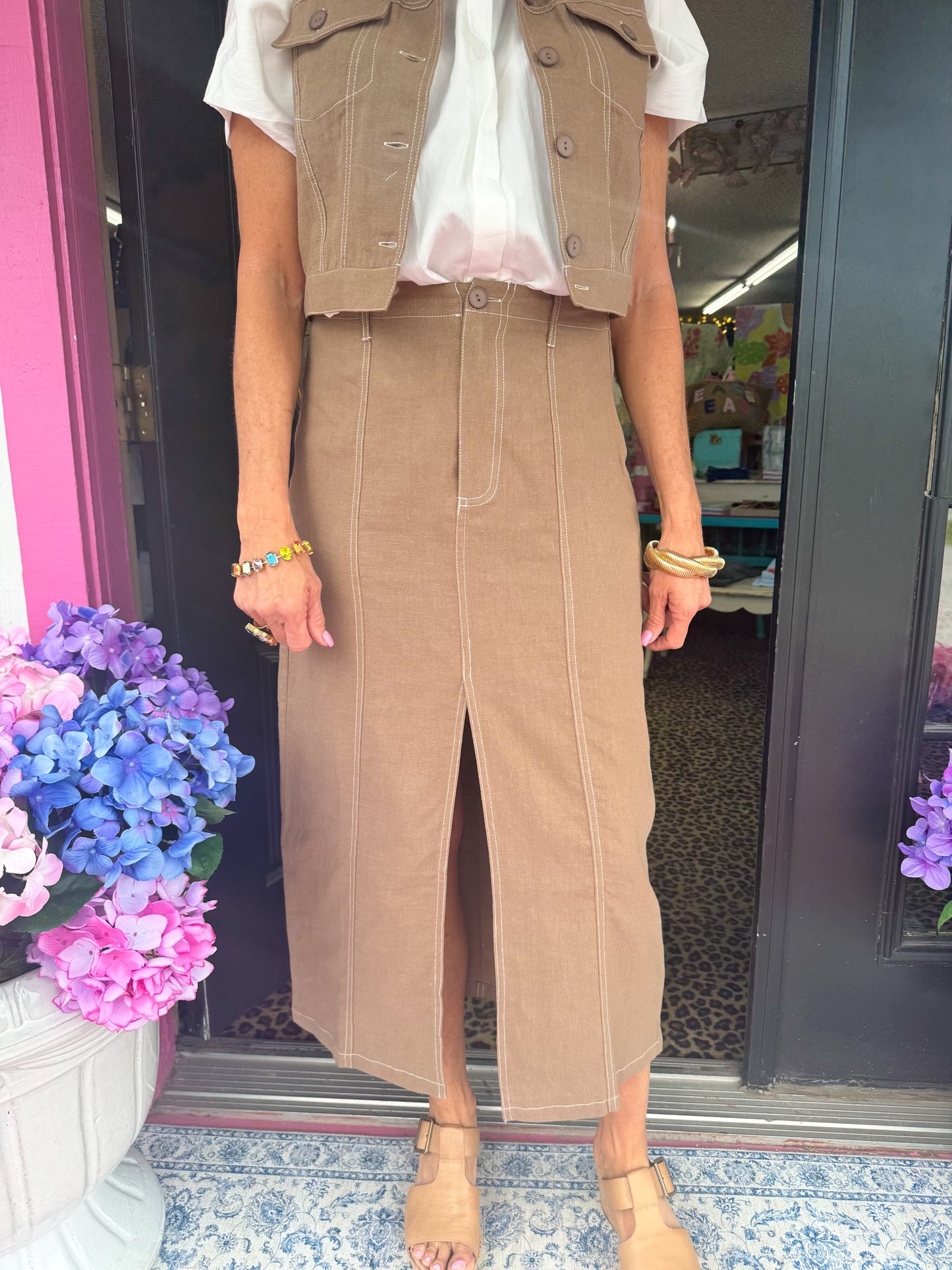 Olive Linen Slit Skirt