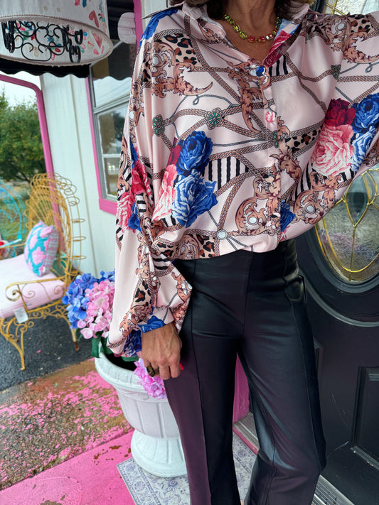 Pink Chain Button Up Silk Blouse - OS