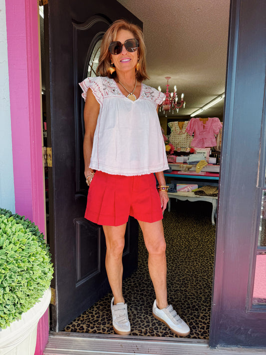 Bone Embroidered Flutter Top