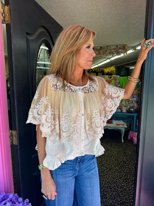 Ecru Lace Overlay Button Top