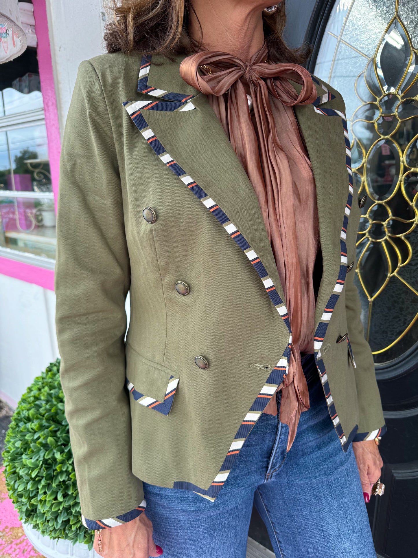 Olive Contrast Piping Trim Blazer