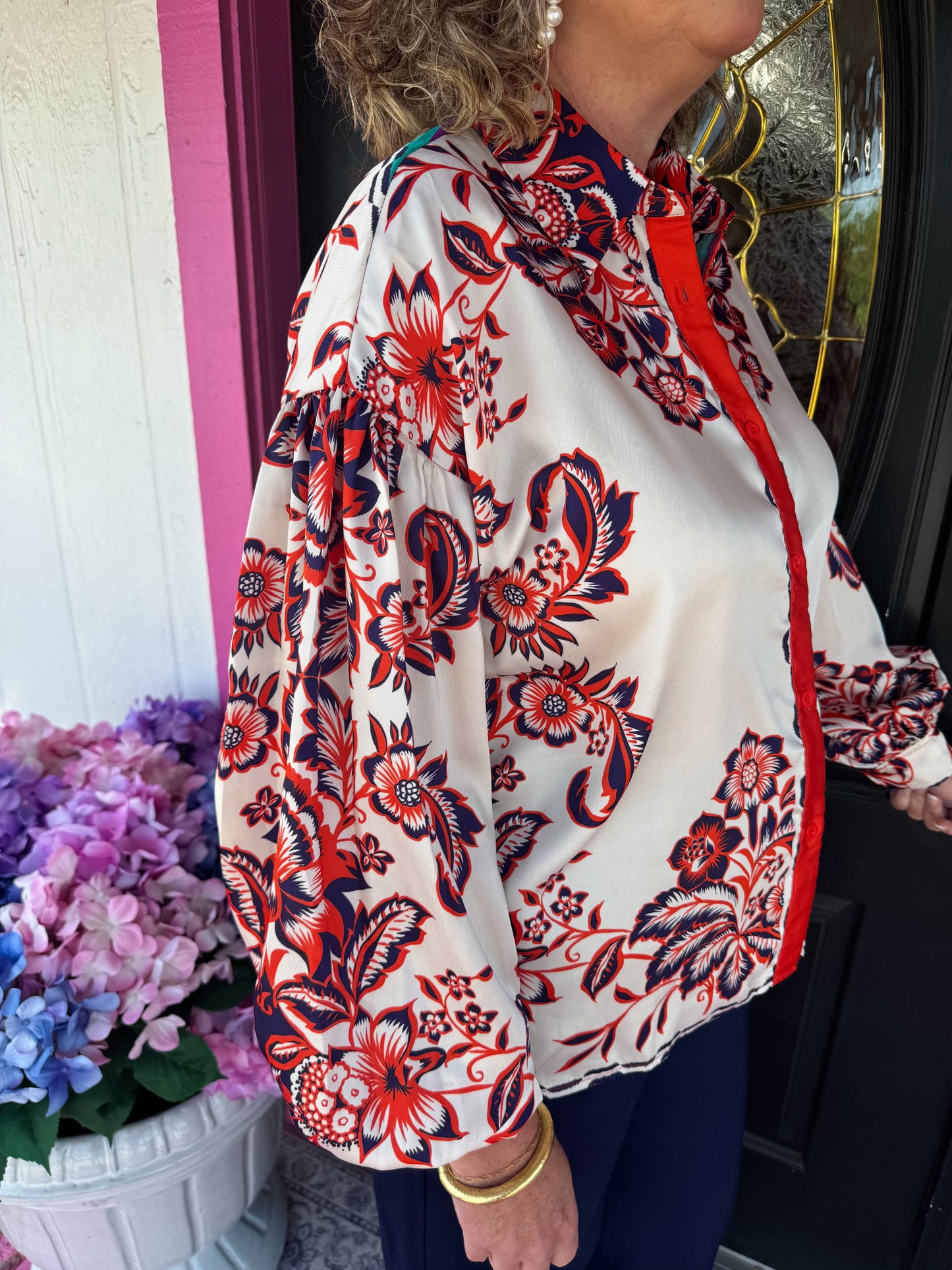 Coral Back Stripe Satin Blouse